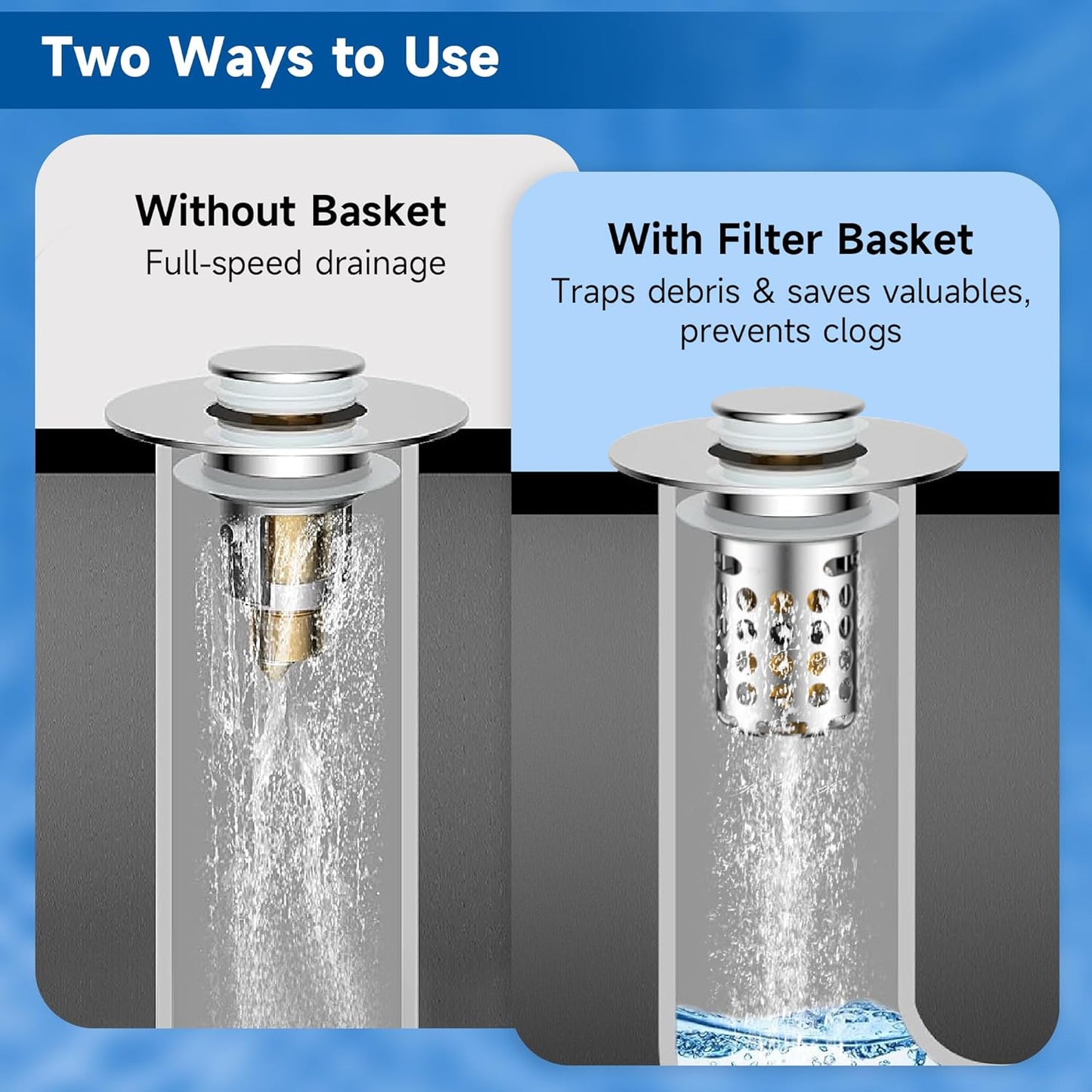 Bathroom Sink Stopper with Pop Up Design, Universal Sink Drain Strainer with Removable Stainless Steel Basket, Brass Core, Chrome, Anti-Clog Sink Drain Stopper for Hair & Debris, Fits 1.1-2.36" Basin