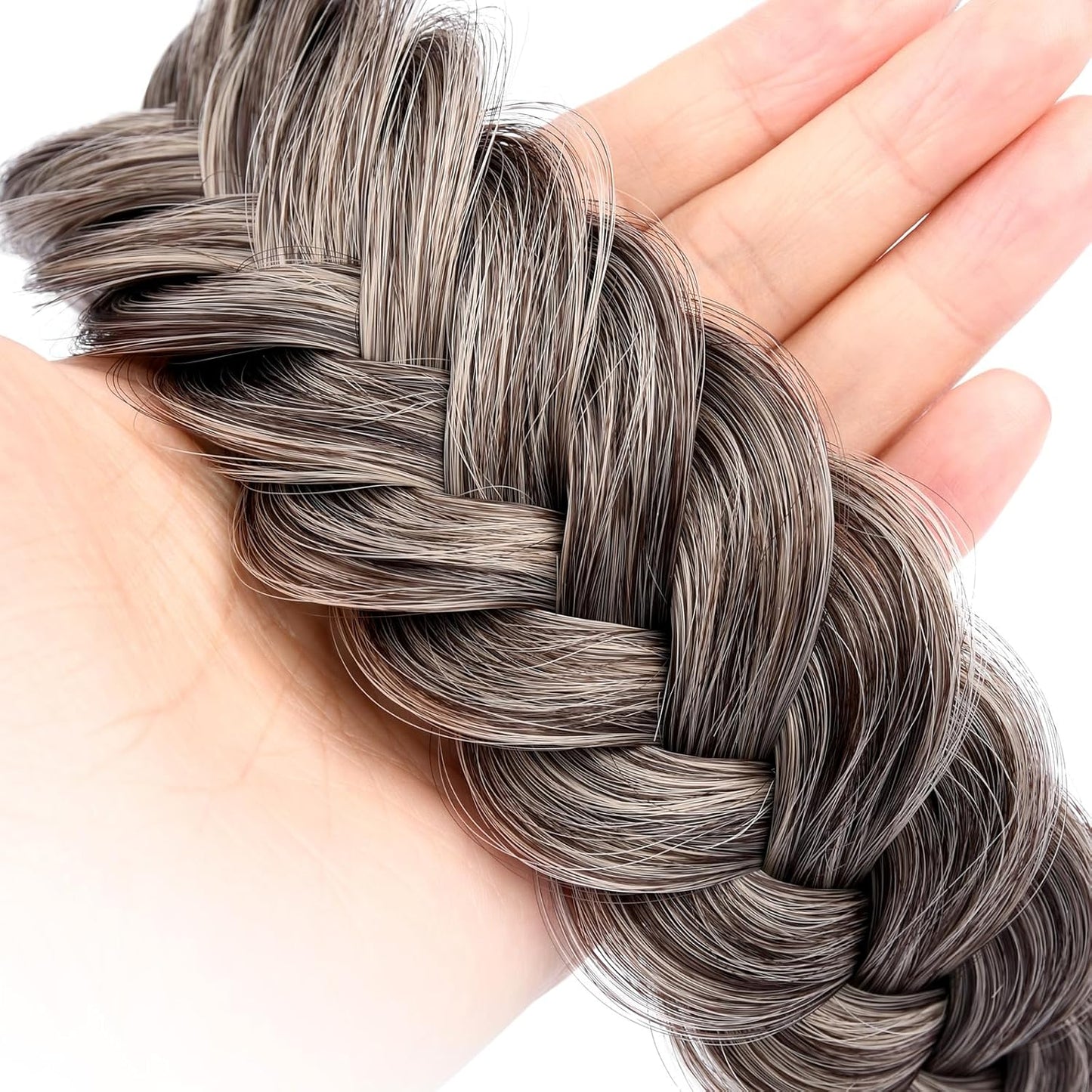DIGUAN Wide Messy Braided Headband With Teeth Synthetic Hair Plaited Headband High Elasticity Braids Chunky Fishtail Braided Hair Band Hairpiece for Girls Women Beauty Accessory (Gray Brown)
