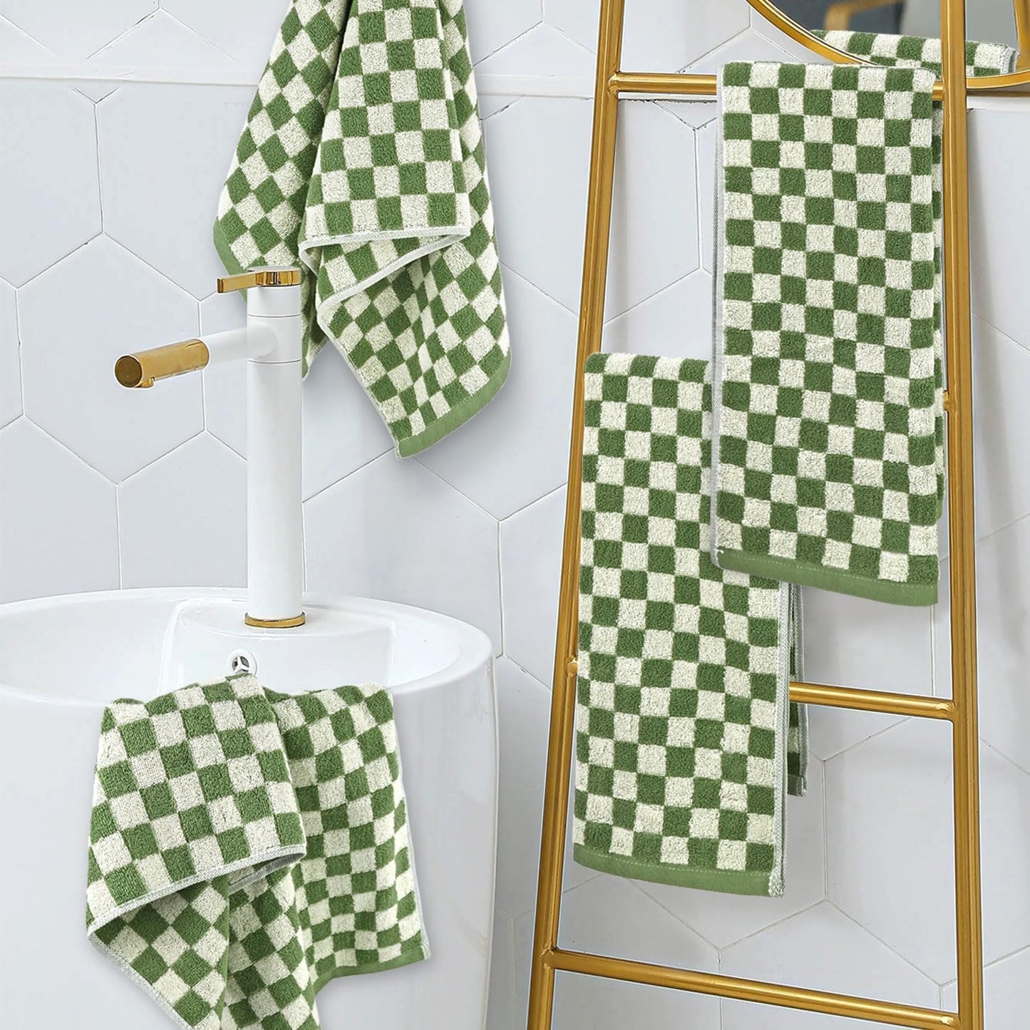 Green Hand Towels for Bathroom Set of 4 - Cute Checkered Bathroom Towels for Kitchen Decor, Lightweight for Bath Face Body