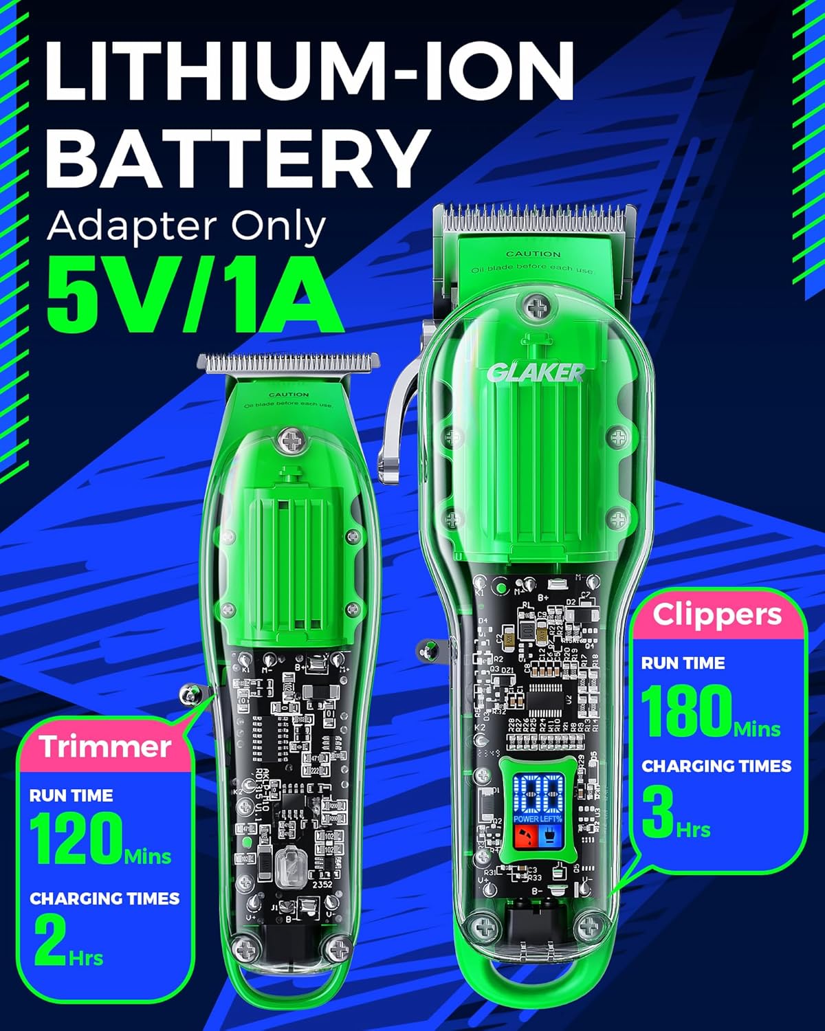 GLAKER Hair Clippers for Men Professional - Cordless Clippers and Trimmers Set, Complete Barber Kit for Hair Trimming & Beard Grooming, Mens Haircutting Kits for Blending & Fade Cuts (Green)