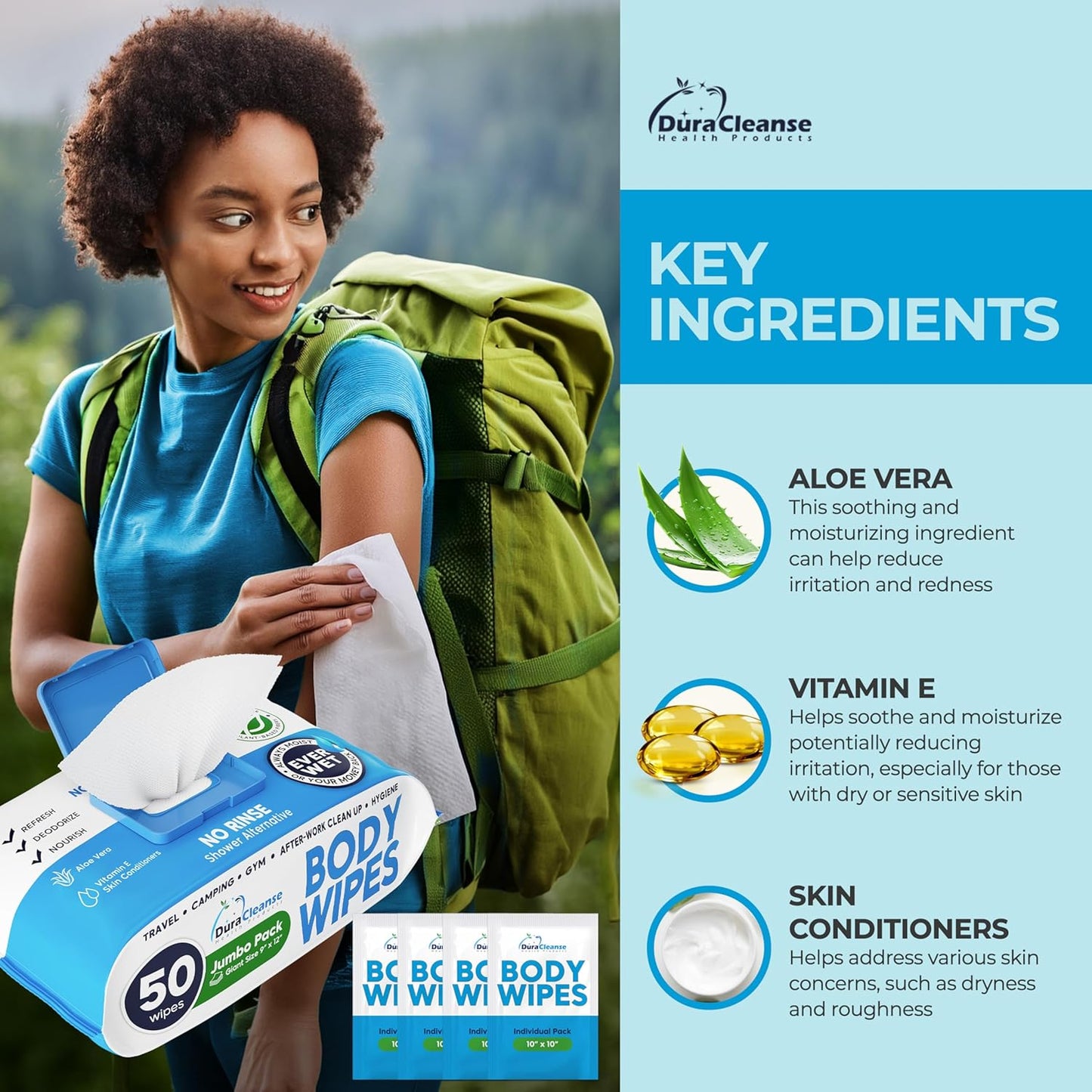 Dura Cleanse Body Wipes for Adults Bathing No Rinse (2 Pack) 100 XL Shower Wipes + 8 Travel Bath Sheets - 9" x 12" Extra Thick Waterless Adult Disposable Washcloths for Camping, Elderly Incontinence