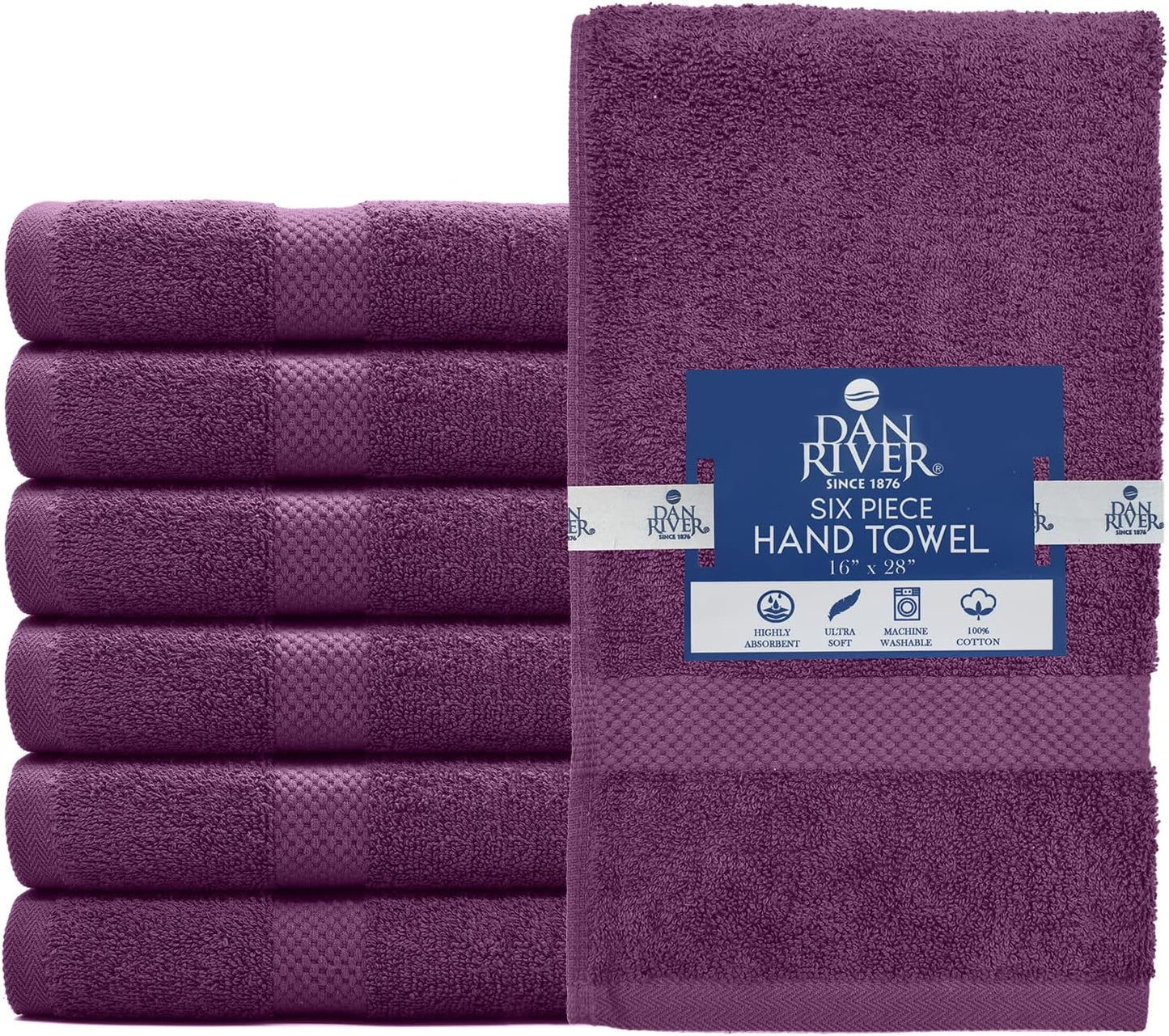 DAN RIVER 6-Pack Premium Hand Towels (16x28 Inches) - 100% Cotton, Ultra Soft, Lightweight, Highly Absorbent Towels for Bathroom, Spa, Gym, Salon, Hotel, and Travel - 550 GSM – Purple Passion