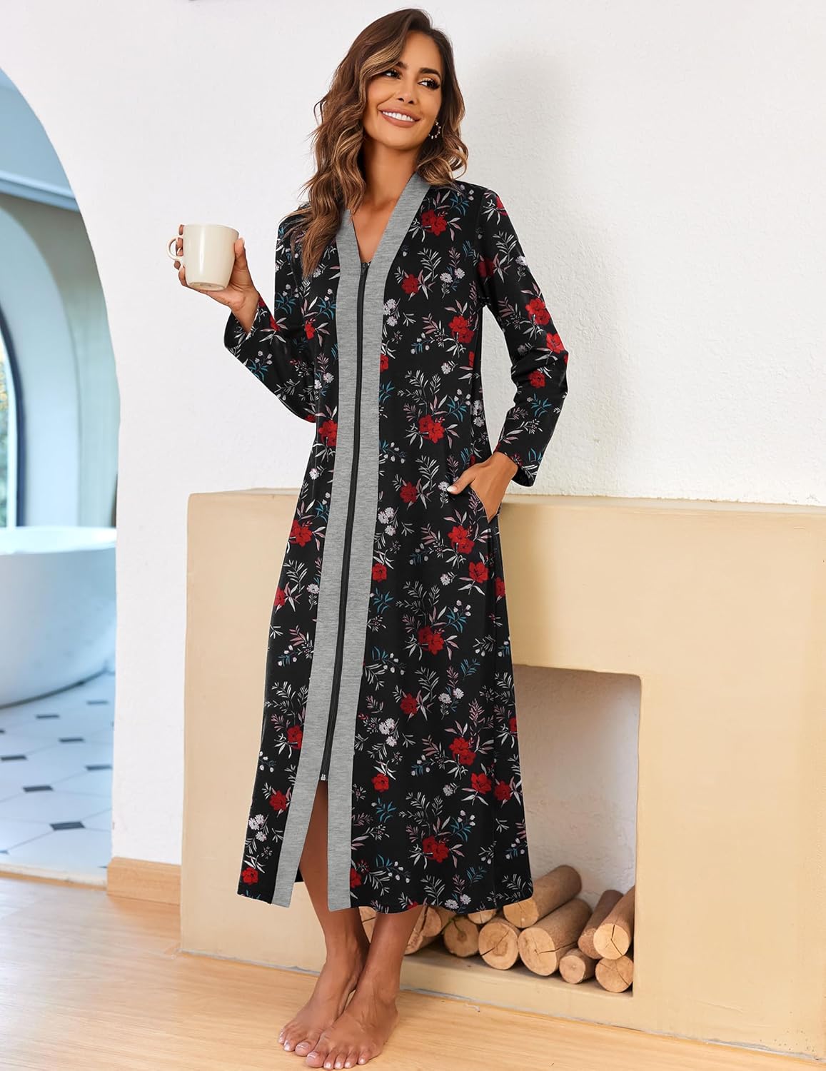 Ekouaer Women Zipper Robe Long Sleeve Loungewear Lightweight Housecoat Full Length Nightgown with Pockets