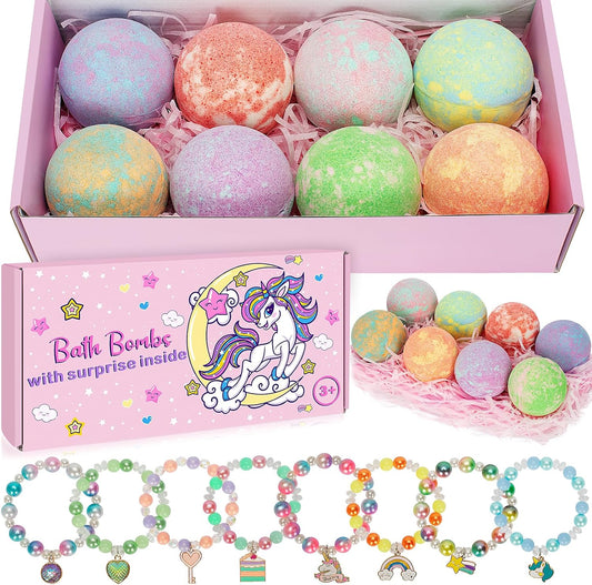 Unicorn Bath Bombs for Kids Girls with Surprise Inside, 8 Pcs Natural Fizzy Princess Bubble Bath Bomb Kit with Toys, Birthday Gift for 3 4 5 6 Year Old Girl