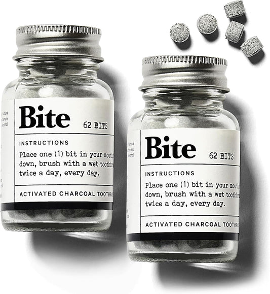 Bite Whitening Toothpaste Tablets – Nano Hydroxyapatite & Xylitol (Mint Charcoal) | Sensitive Teeth Friendly | No Fluoride, Vegan, Cruelty-Free | Travel-Size | 2 Bottles (124 Bits) | Made in USA