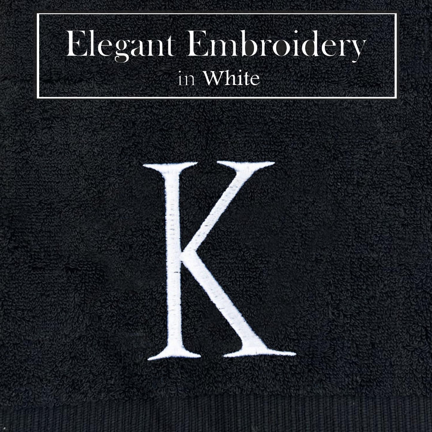 Black Monogrammed Hand Towels for Bathroom- Black and White Luxury Hotel Quality Personalized Initial Decorative Embroidered for Powder Room, Spa-GOTS Organic Certified - Pack of 2, Letter K