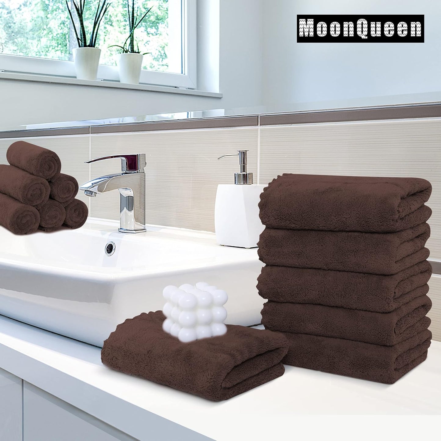MOONQUEEN 18 Pack Premium Hand Towels - Quick Drying - Microfiber Coral Velvet Highly Absorbent Towels - Multipurpose Use as Hotel, Bathroom, Shower, Spa, Hand Towel 16 x 28 inches (Wood Brown)