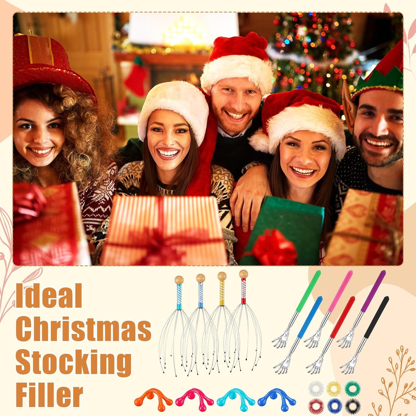 Geiserailie 48 Pack Head Scratcher Scalp Massagers, Extendable Back Scratchers, Four Point Massage Tools, Finger Massager Rings for Deep Relaxation Stress Relief Hair Stimulation Men Women Adult Gifts