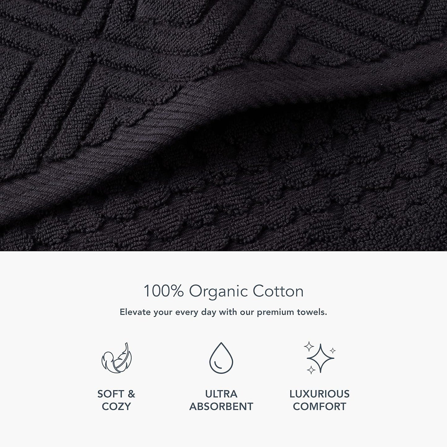 Texere 100% Organic Cotton Diamond Jacquard 700 GSM Luxury Bath Towel Sets - Ultra Soft and Absorbent Hotel and Spa Quality (Diamond, Black, 2 Hand & 2 Wash Towels)