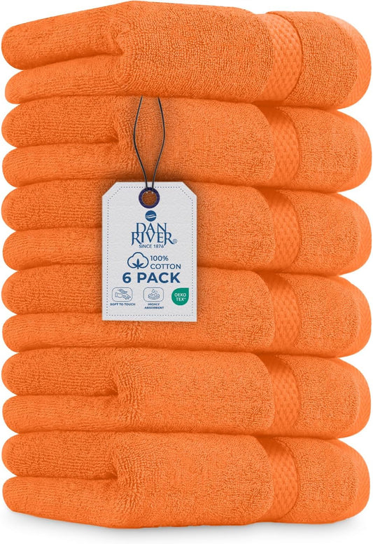 DAN RIVER 6-Pack Premium Hand Towels (16x28 Inches) - 100% Cotton, Ultra Soft, Lightweight, Highly Absorbent Towels for Bathroom, Spa, Gym, Salon, Hotel, and Travel - 550 GSM – Orange