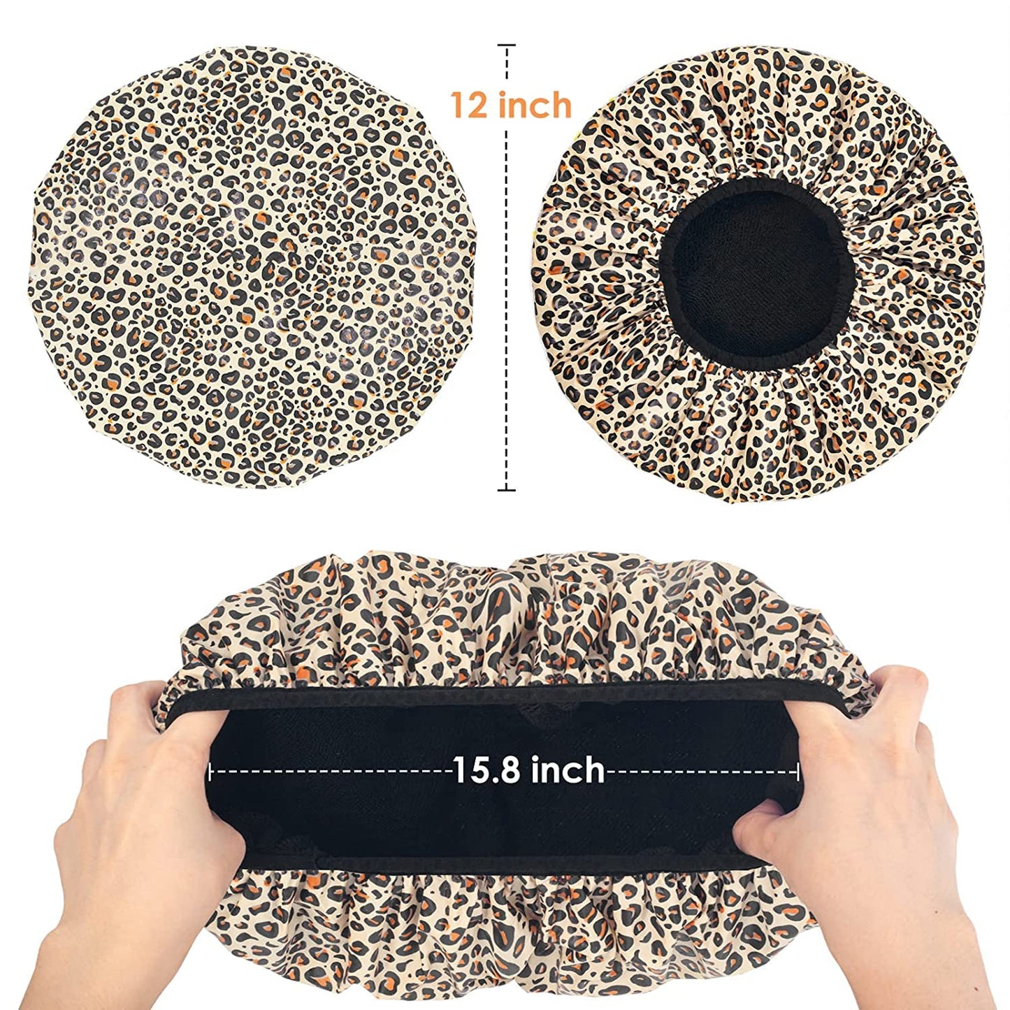 Auban Shower Cap, Shower Cap for Women Terry Cloth Lined EVA Exterior Reusable Double Layer Waterproof, Large Bath Hair Cap, Hotel Travel Essentials Accessories Cleaning Supplies (Leopard)