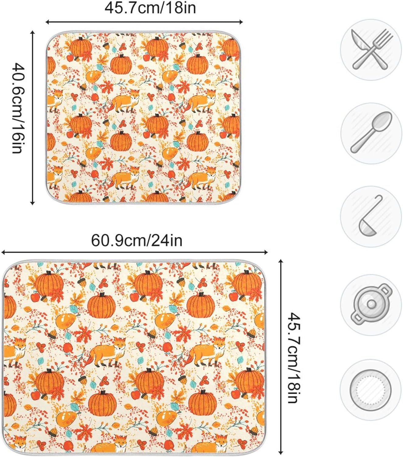 Fall Fox Dish Drying Mat for Kitchen Countertop 16x18 Autumn Chestnuts Pumpkin Berry Thanksgiving Day Small Drying Mat Reusable Quick Dry Dish Sink Mats Easy Clean Decorative Essentials