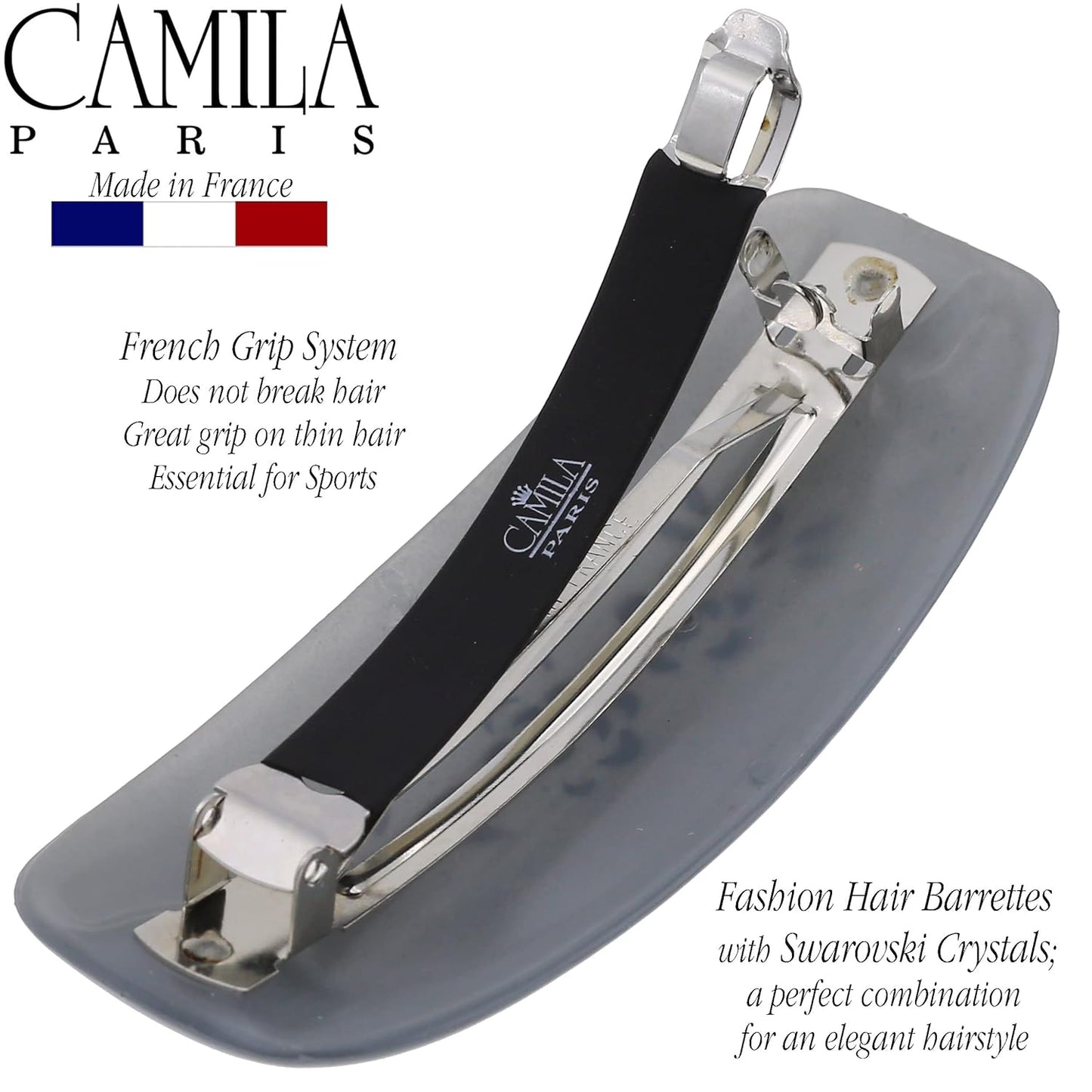 Camila Paris CP3439 French Hair Barrette Clip for Girls, Rubberized Automatic Clasp Strong Hold Grip Hair Clips for Women, No Slip and Durable Styling Girls Hair Accessories, Made in France (Gray)