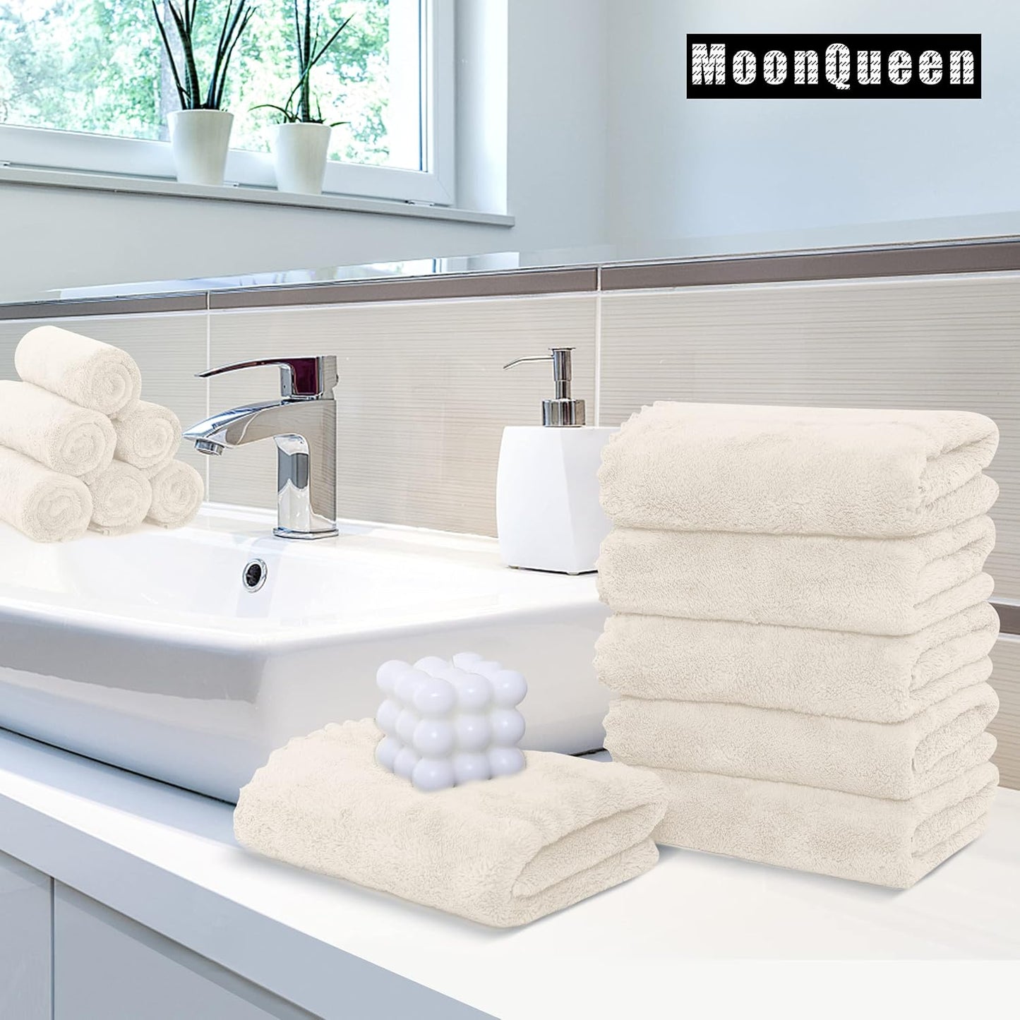MOONQUEEN 6 Pack Premium Hand Towels - Quick Drying - Microfiber Coral Velvet Highly Absorbent Towels - Multipurpose Use as Hotel, Bathroom, Shower, Spa, Hand Towel 16 x 28 inches (Cream)