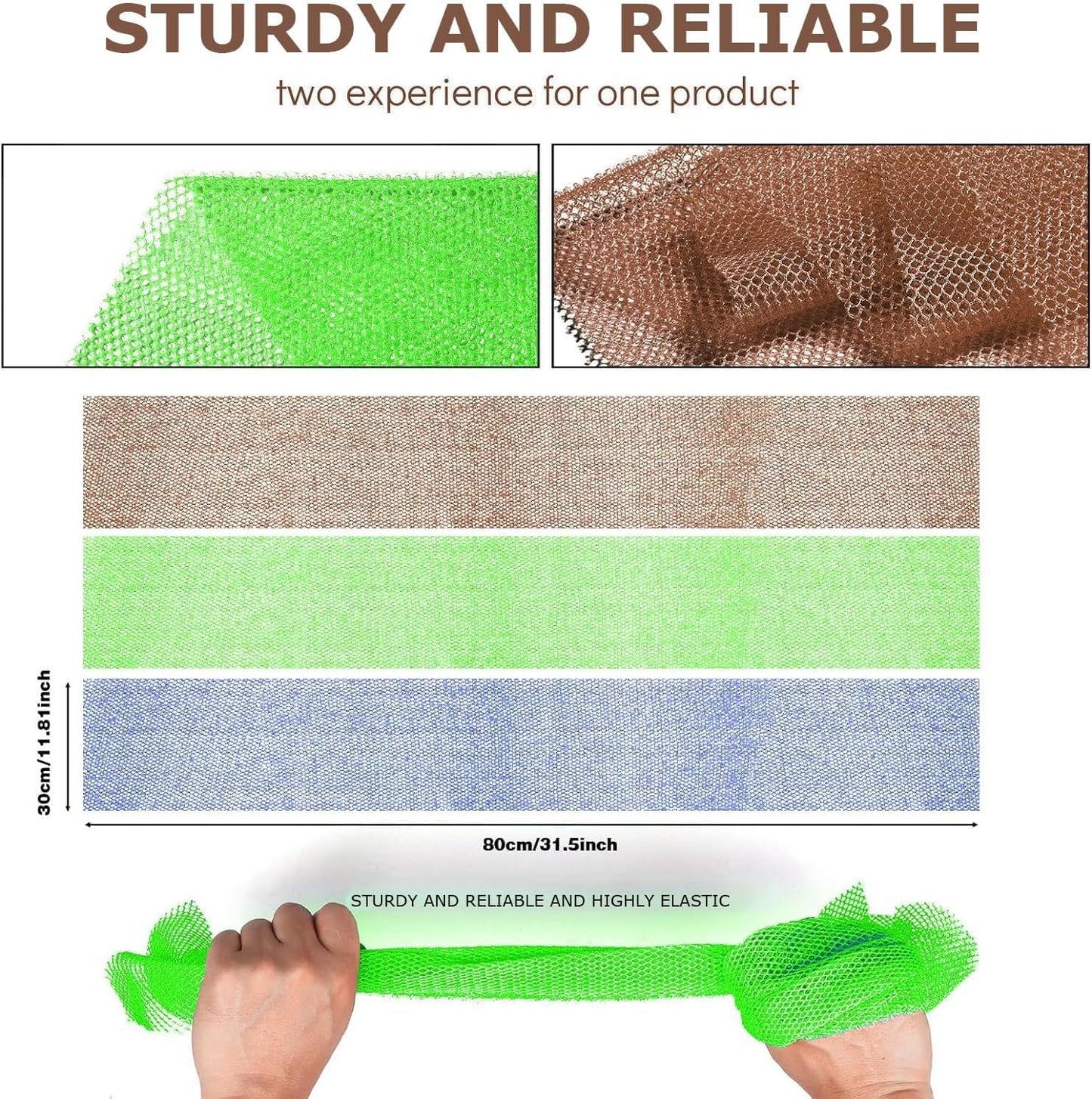 UJFQBH 3 Pieces African Bath Sponge African Net Long Net Bath Sponge Exfoliating Shower Body Scrubber Back Scrubber Skin Smoother,Great for Daily Use (Brown、Blue、Green)