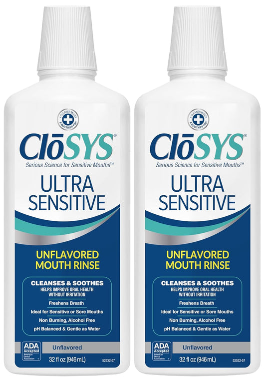 CloSYS Ultra Sensitive Mouthwash, Unflavored Alcohol Free, Dye Free, pH Balanced, Helps Soothe Entire Mouth – 32 Oz (Pack of 2)