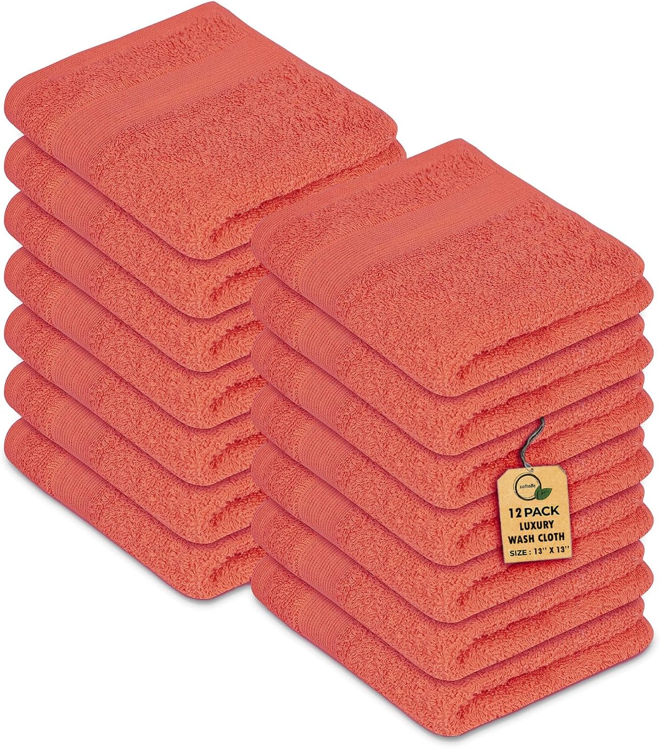 Premium Wash Cloths Pack of 12 (13" x 13") 100% Ring Spun Cotton | Luxury Washcloths | Ultra Soft Face Towels | Highly Absorbent Wash Cloths for face (Coral)