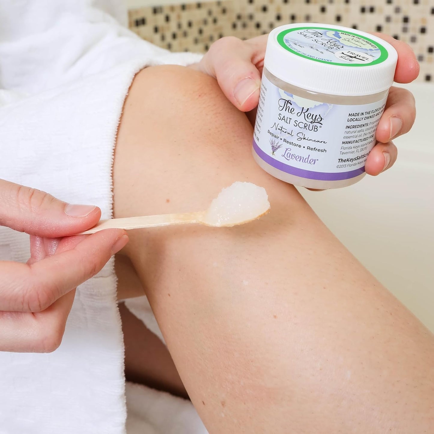 The Keys Salt Scrub - Lavender Sea Salt Scrub - Exfoliating Body Scrub with Wooden Spoon - Moisturizing Exfoliator for Face, Hands, Foot, Bath, Manicure & Pedicure, and Bikini Area Skin Care (3.4 oz.)