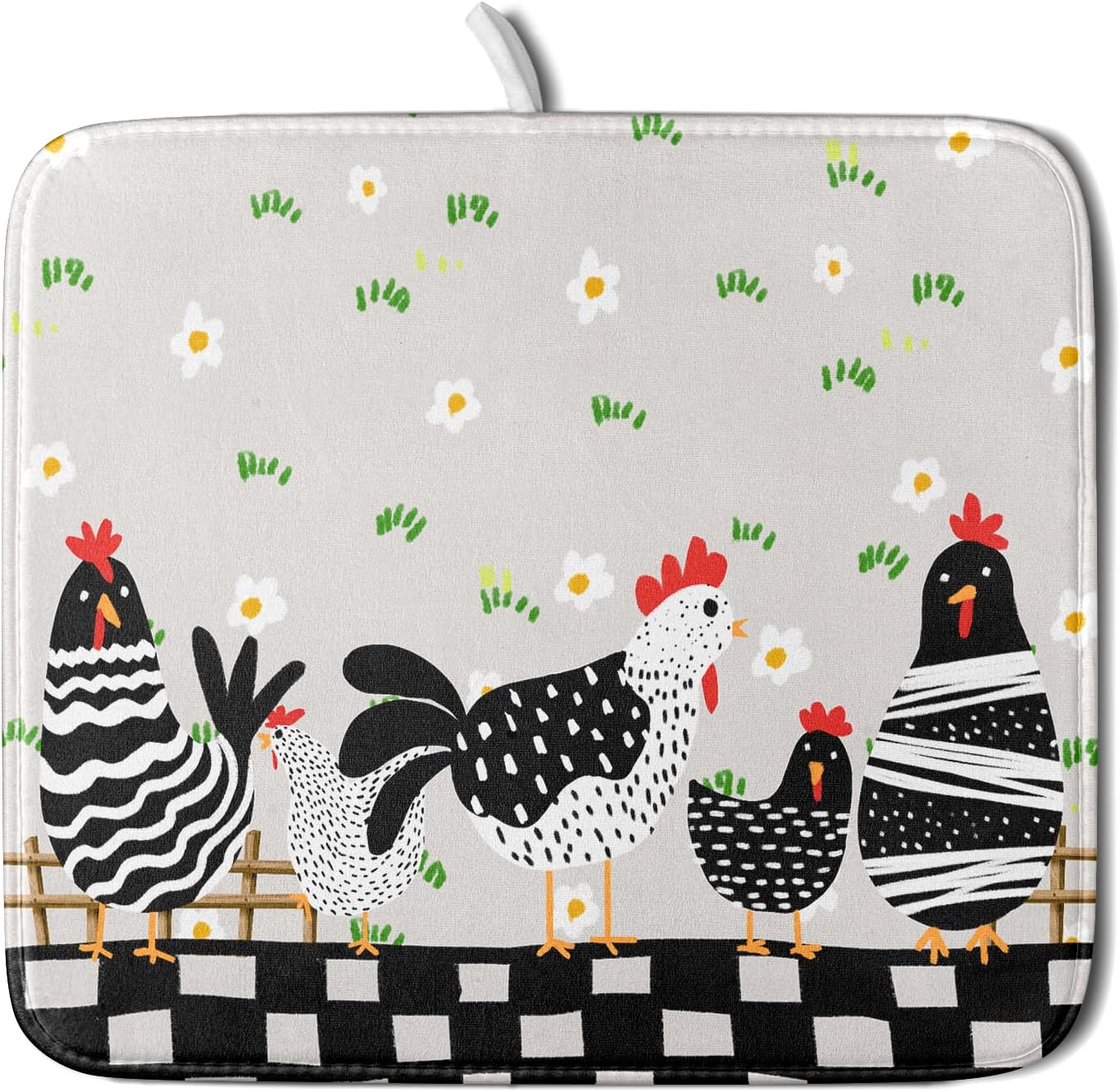 Black Rooster Dish Drying Mat for Countertop 16x18 Inches Buffalo Plaid Microfiber Drainer Rack Pads Fast Dry Dishes Mats Kitchen Accessories