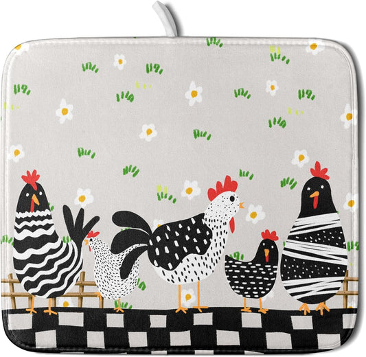 Black Rooster Dish Drying Mat for Countertop 16x18 Inches Buffalo Plaid Microfiber Drainer Rack Pads Fast Dry Dishes Mats Kitchen Accessories