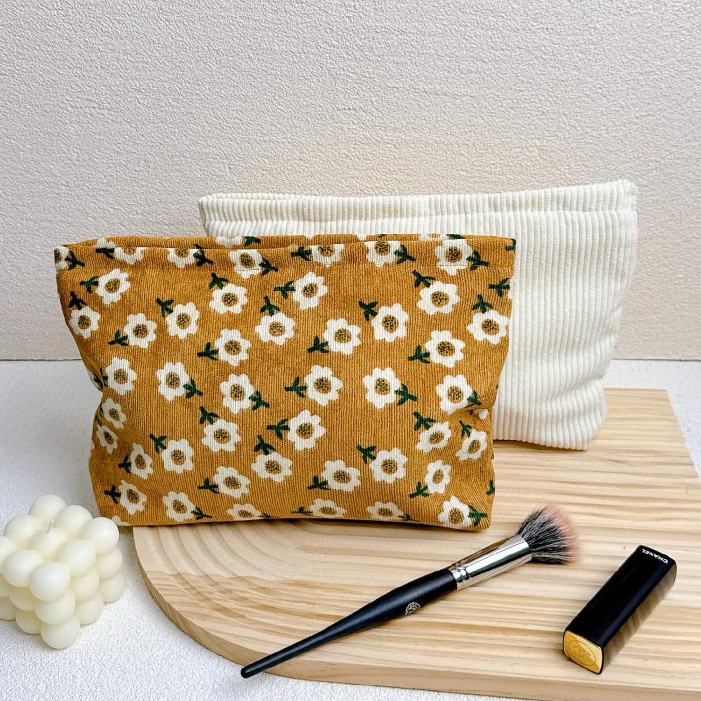 2 makeup bags Women's floral lamp core velvet canvas makeup bag, travel makeup bag, wallet storage, khaki and cute beige