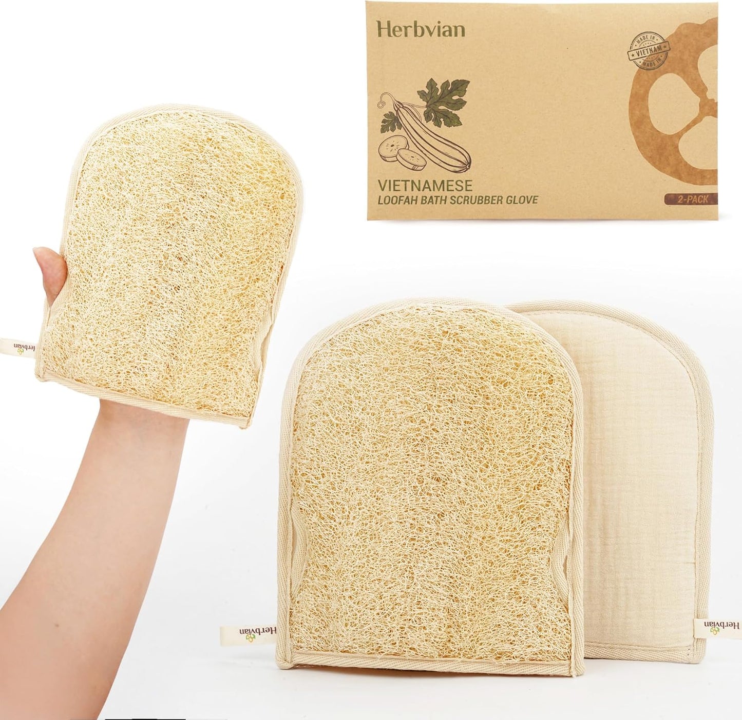 Premium Vietnamese Natural Loofah Gloves – Exfoliating Body Scrubber Mitts with Thumb Holes, Easy Grip Design, for Men & Women, Shower & Bath (Pack of 2)