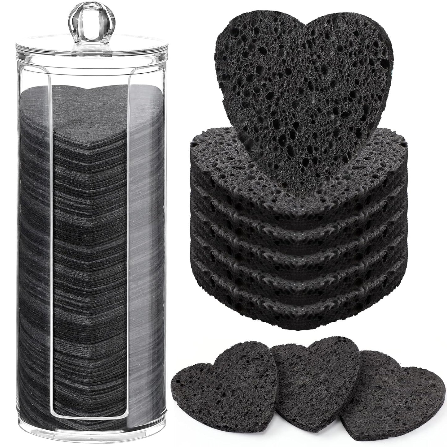 Sieral 120 Pcs Compressed Facial Sponges with Container Disposable Face Sponge Pads for Washing Face Cleansing Exfoliating Esthetician Makeup Removal(Heart,Black)