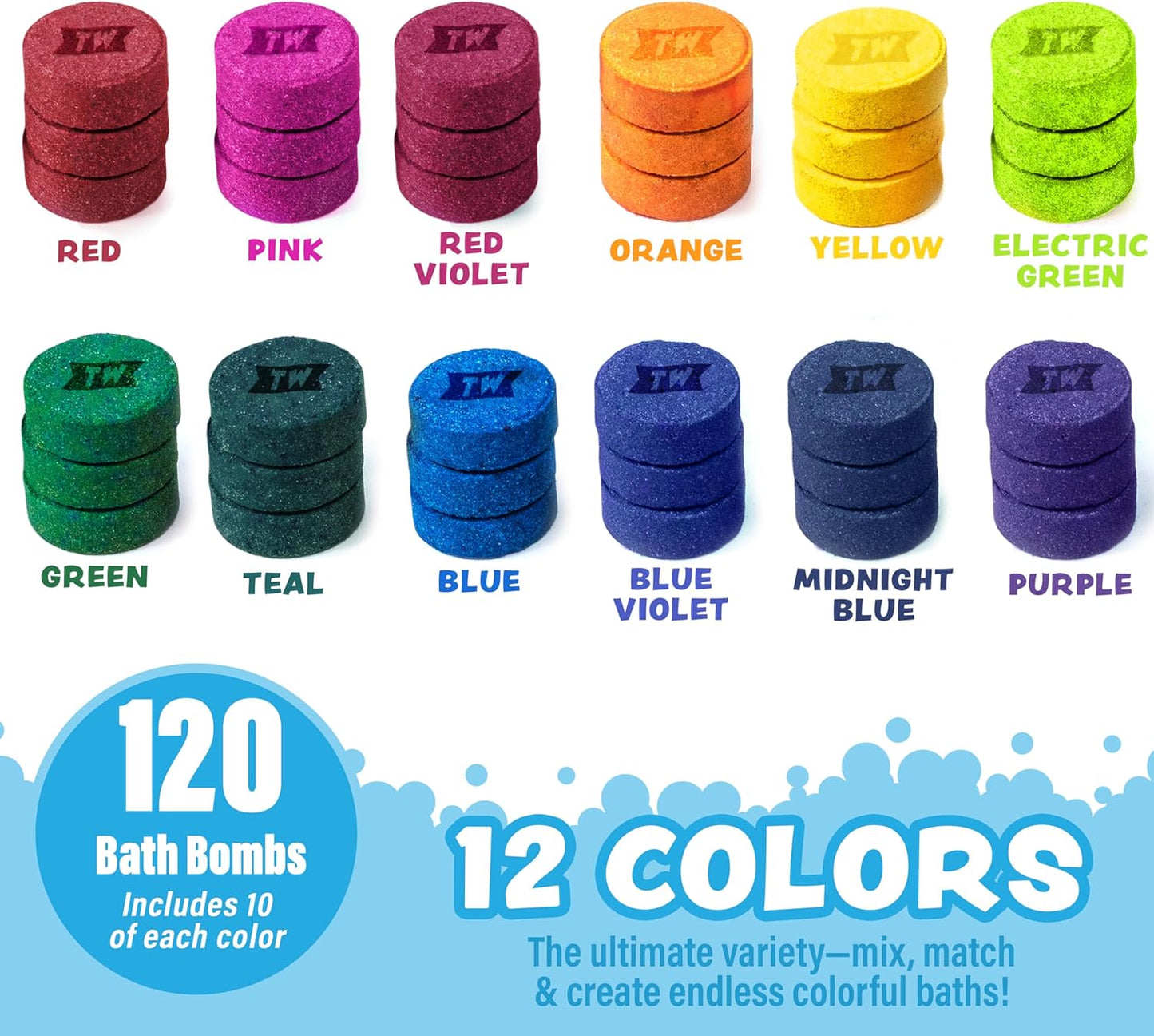 Tub Works® Bath Color Pops™ Moisturizing Kids Bath Bombs, 120 Count | Bath Bomb Refills for Bath Color Brush | Nontoxic & Fragrance-Free | 12 Unique Colors | Fizzy, Vibrant Water Color Tablets