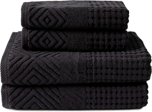 Texere 100% Organic Cotton Diamond Jacquard 700 GSM Luxury Bath Towel Sets - Ultra Soft and Absorbent Hotel and Spa Quality (Diamond, Black, 2 Bath & 2 Hand Towels)