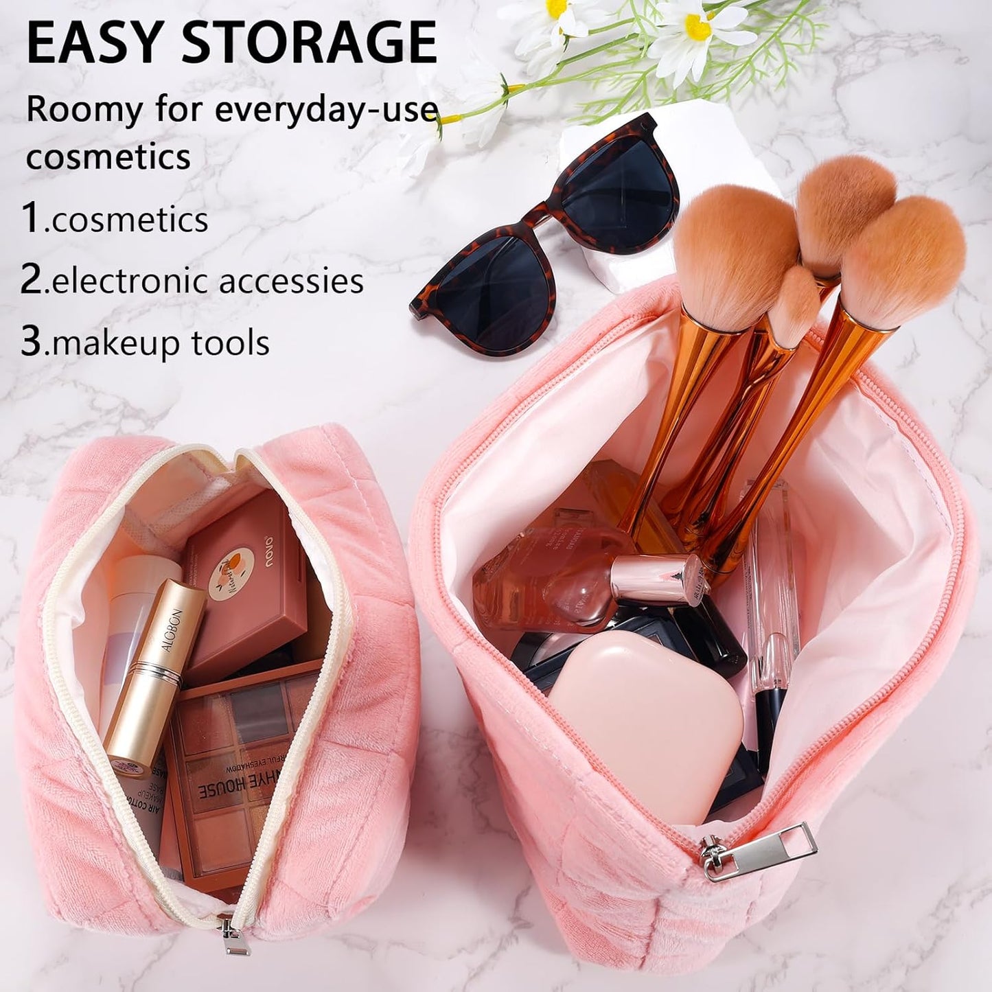 ZLFSRQ 2Pcs Makeup Bag for Women Trendy Large Capacity Cosmetic Bags Plush Pencil Case Pink Checkered Pouch for Purse Coquette Zippered Toiletry Bag Organizer Y2K Aesthetic Pencil Pouch