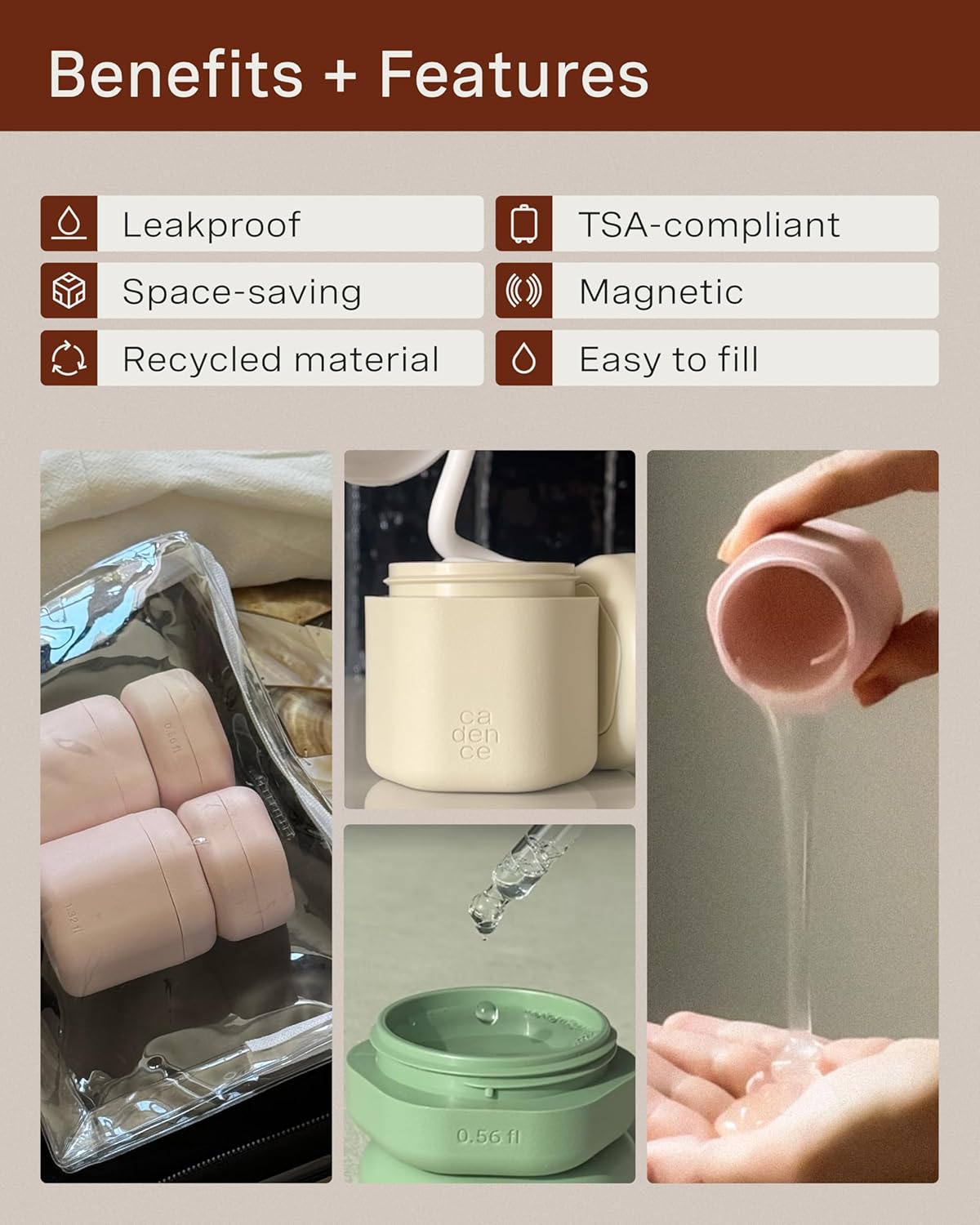 Cadence Travel Containers - Core Skincare Set - Magnetic Containers with Lids,2 Small (0.56oz) & 3 Medium (1.32oz) - Cleanser, Moisturizer, Serum, Makeup Remover & Sun Icon Labels - Eucalyptus