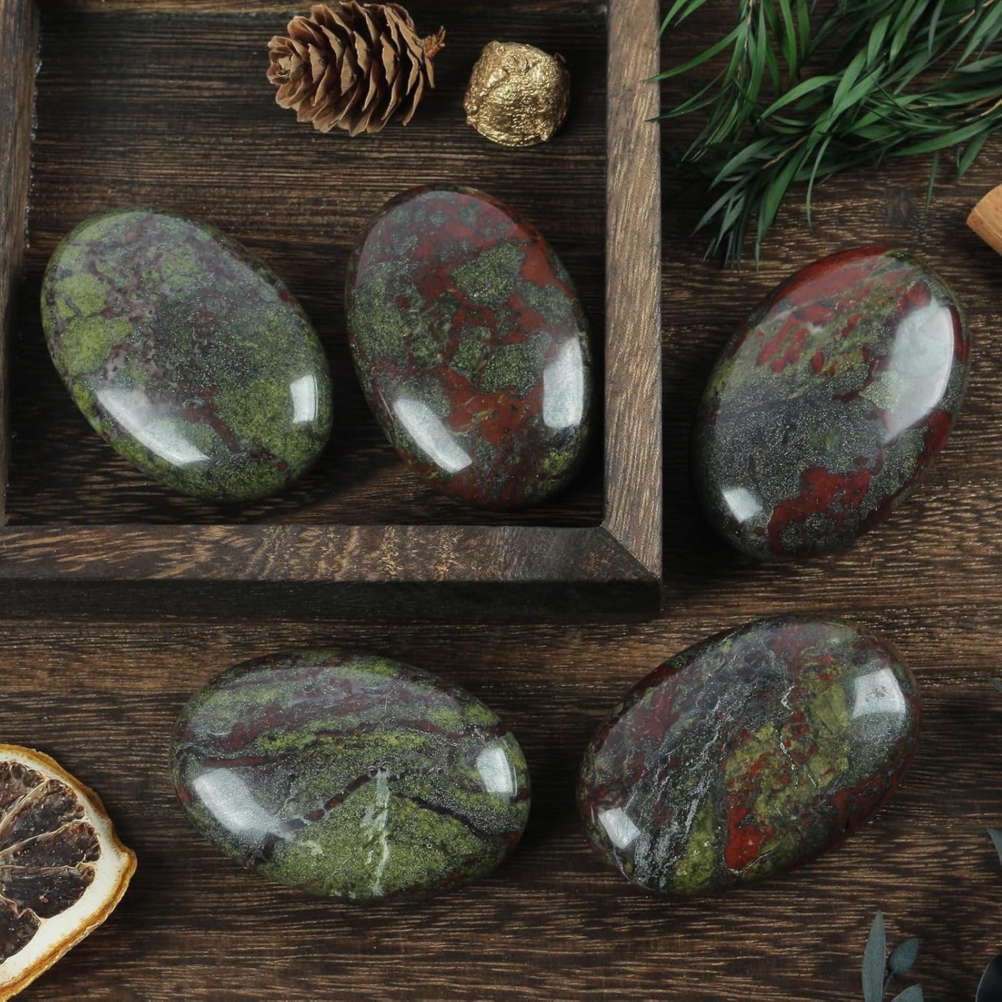 Natural Dragon Bloodstone Oval Polished Worry Stones, Healing Crystal Indoor Fountain Stones Massage Energy Anxiety Relief Items