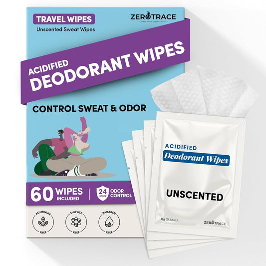 Zero Trace Travel Deodorant Wipes - 60 Count- 24 Hour Odor Control - Aluminum Free Hypoallergenic Deodorant For Women and Men - Individually Wrapped Underarm & Body Wipes - Uscented Bare Fresh