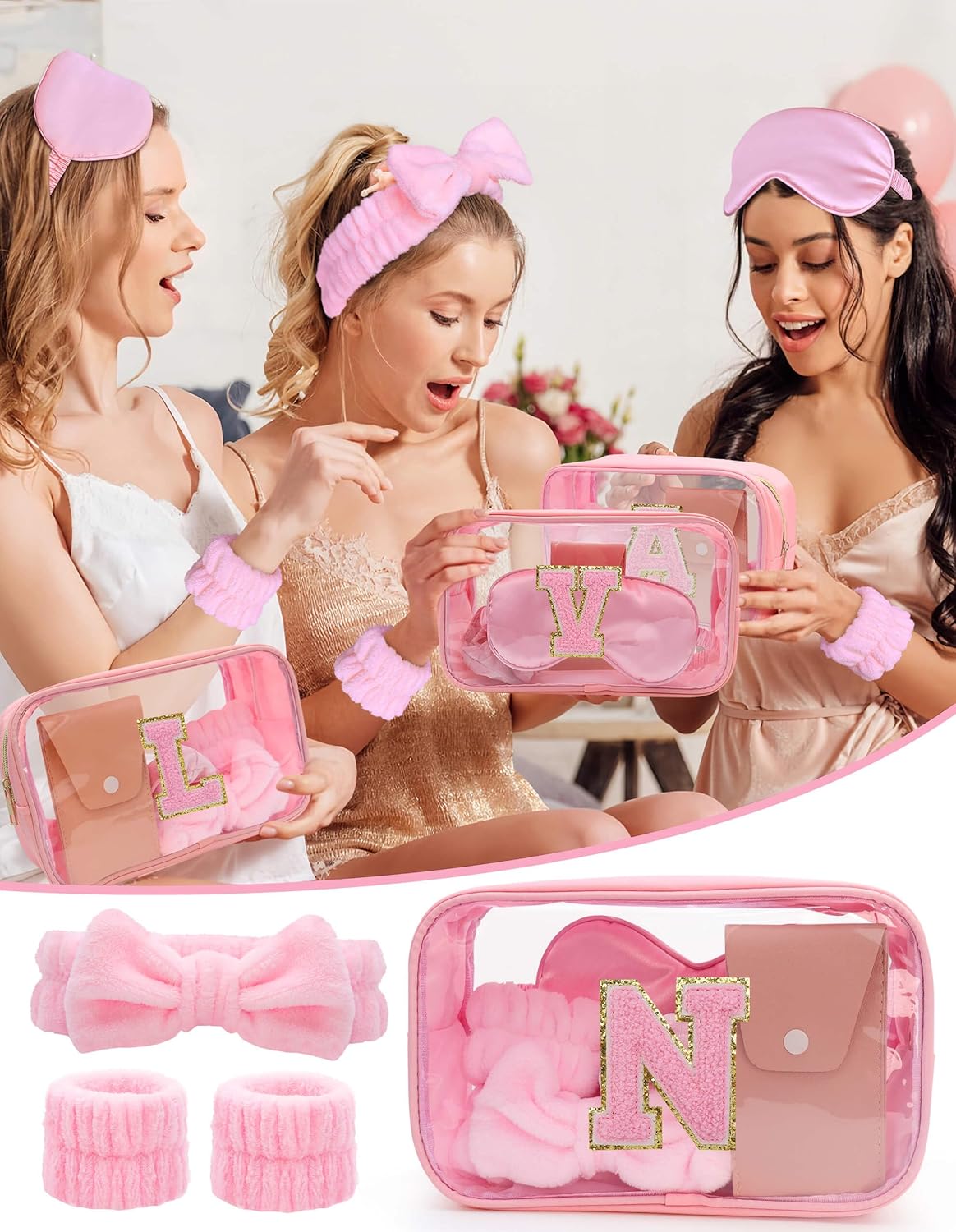 Gift Sets for Women, Initial Makeup Bag with Makeup Brush Set Bachelorette Party Favors, Pink Spa Kit with Skincare Headbands Wrist Bands Sleepover Party Supplies Gifts for Teen Girls Bridesmaid N