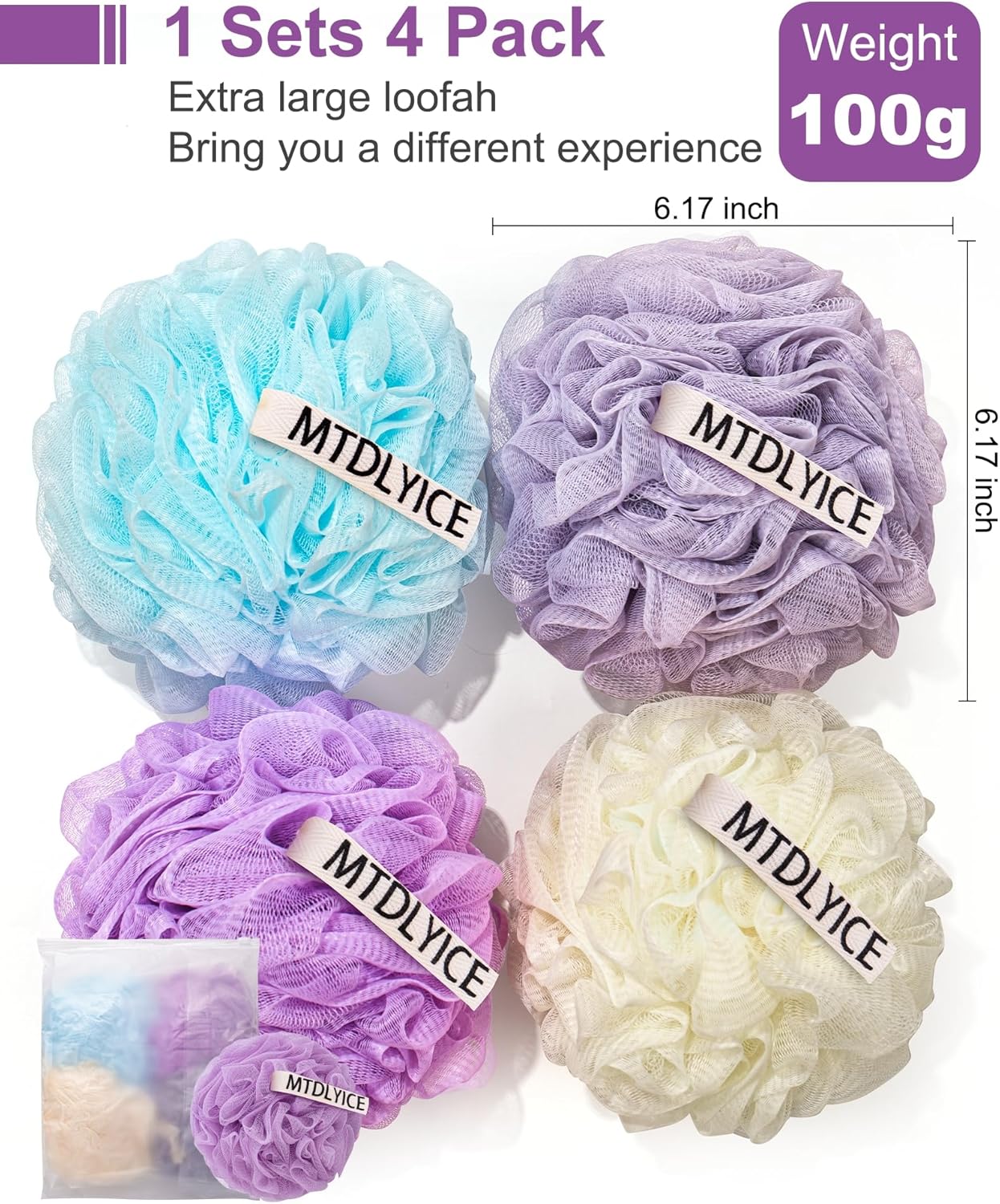 Loofah Sponge, XXL Large Loofah 100g 4 Pack, Bath Sponge Soft Mesh Shower Loofah for Men, Body Scrub, Shower Pouf Bath Accessories, for Body Wash, Soap (Lavender)