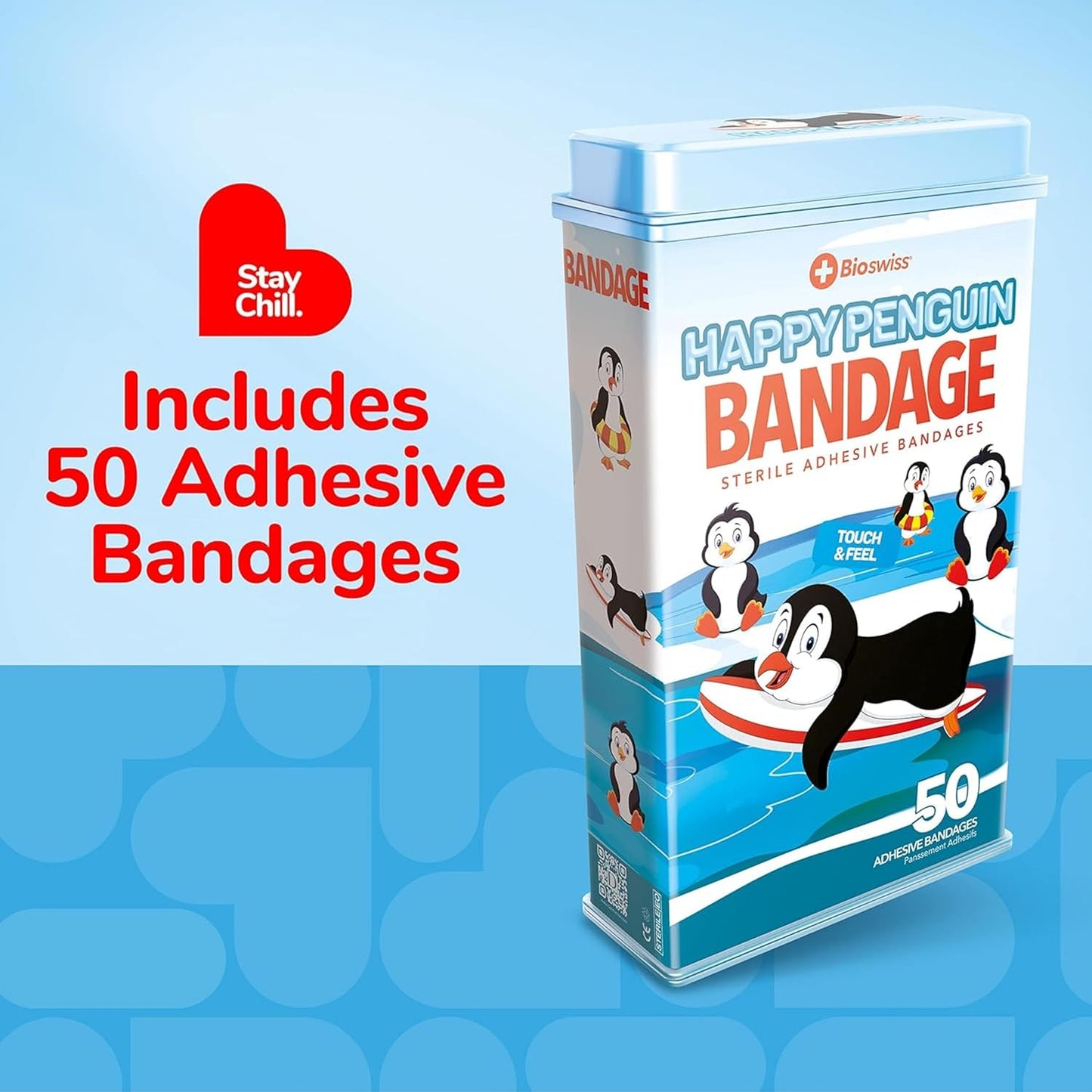 BioSwiss Kids Bandages, Penguin Shaped Self Adhesive Bandage Set, Latex Free, Sterile Wound Care, 50 Count