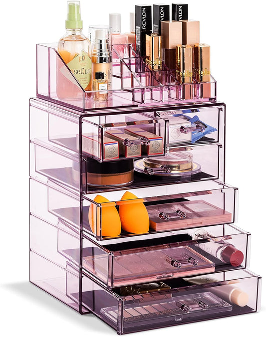 Sorbus Clear Cosmetic Makeup Organizer - Make Up & Jewelry Storage, Case & Display - Spacious Design - Great Holder for Dresser, Bathroom, Vanity & Countertop (4 Large, 2 Small Drawers) [Purple]