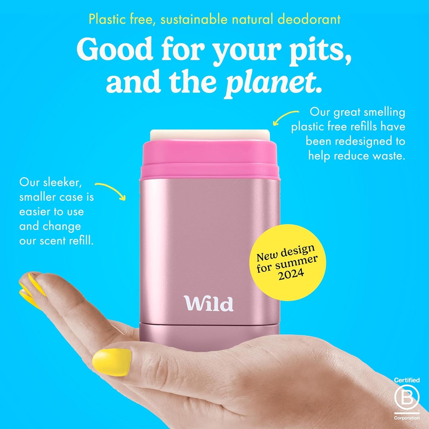 Wild - Refillable Deodorant Starter Kit with Pink Case and Fresh Cotton & Sea Salt Scented Refill 1.4oz - Aluminum Free - Long Lasting Protection - Vegan