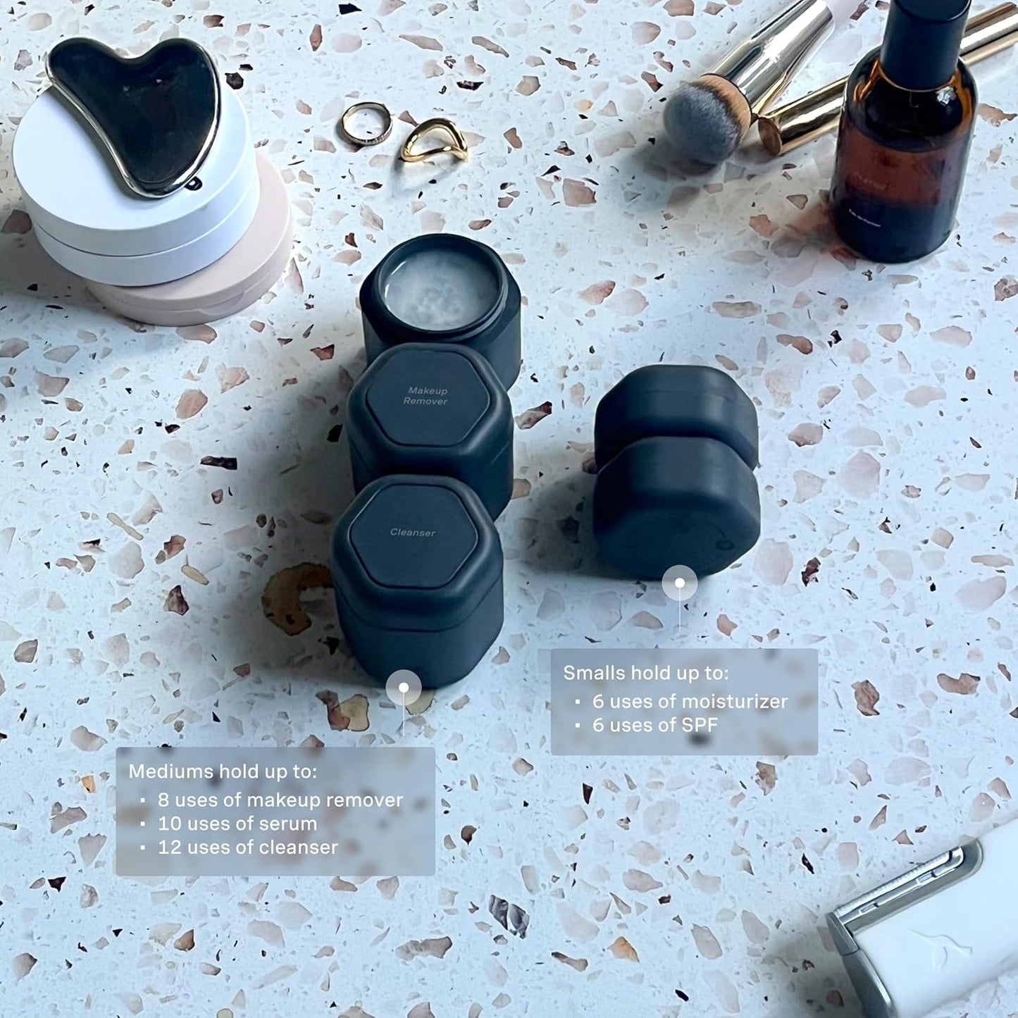 Cadence Travel Containers - Core Skincare Set - Magnetic Containers with Lids,2 Small (0.56oz) & 3 Medium (1.32oz) - Cleanser, Moisturizer, Serum, Makeup Remover & Sun Icon Labels - Charcoal