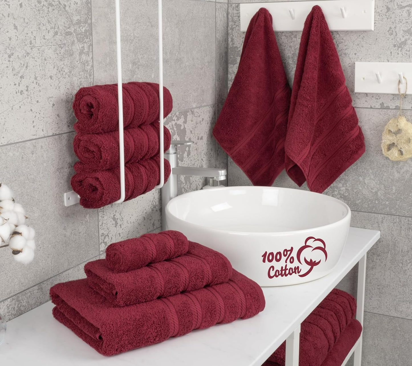 American Soft Linen Luxury 6 Piece Towel Set, 2 Bath Towels 2 Hand Towel 2 Washcloths, 600 GSM 100% Cotton Turkish Towels for Bathroom, Bordeaux Red Towel Sets