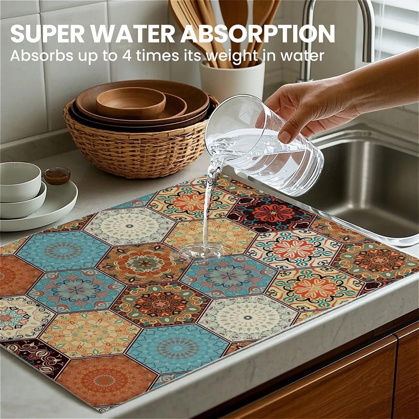 Dish Drying Mat For Kitchen Counter, Personalized Bohemian Microfiber Absorbent Dish Drainer Rack Pad Reusable Large 18x24in Drying Mat