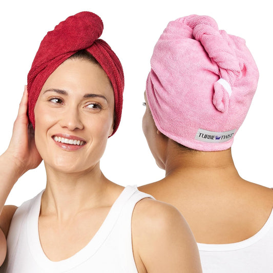 Turbie Twist 2-Pack Microfiber Hair Towel for Beauty, Travel, Gifting - Wrap Turban for Straight, Wavy & Curly Hair - Premium Personal Care - Deep Claret & Sea Pink