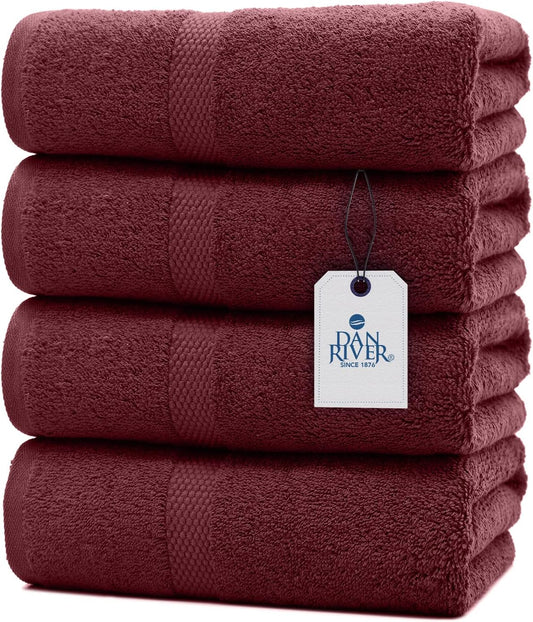 DAN RIVER Bath Towels Set of 4, 27 x 54 Inches, 100% Cotton, Larger & Lighter Weight, Quicker to Dry, Super Soft and Absorbent, Ideal Soft Bath Towels for Daily Use, Pomegrante