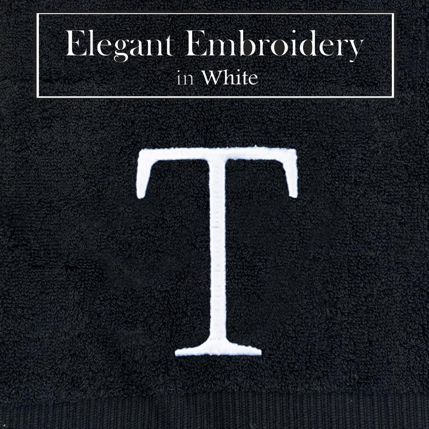 Black and White Bathroom Hand Towel - Monogrammed Luxury Hotel Quality Decorative Embroidered Towel for Powder Room, Spa - GOTS Organic Certified - Pack of 2, Letter T