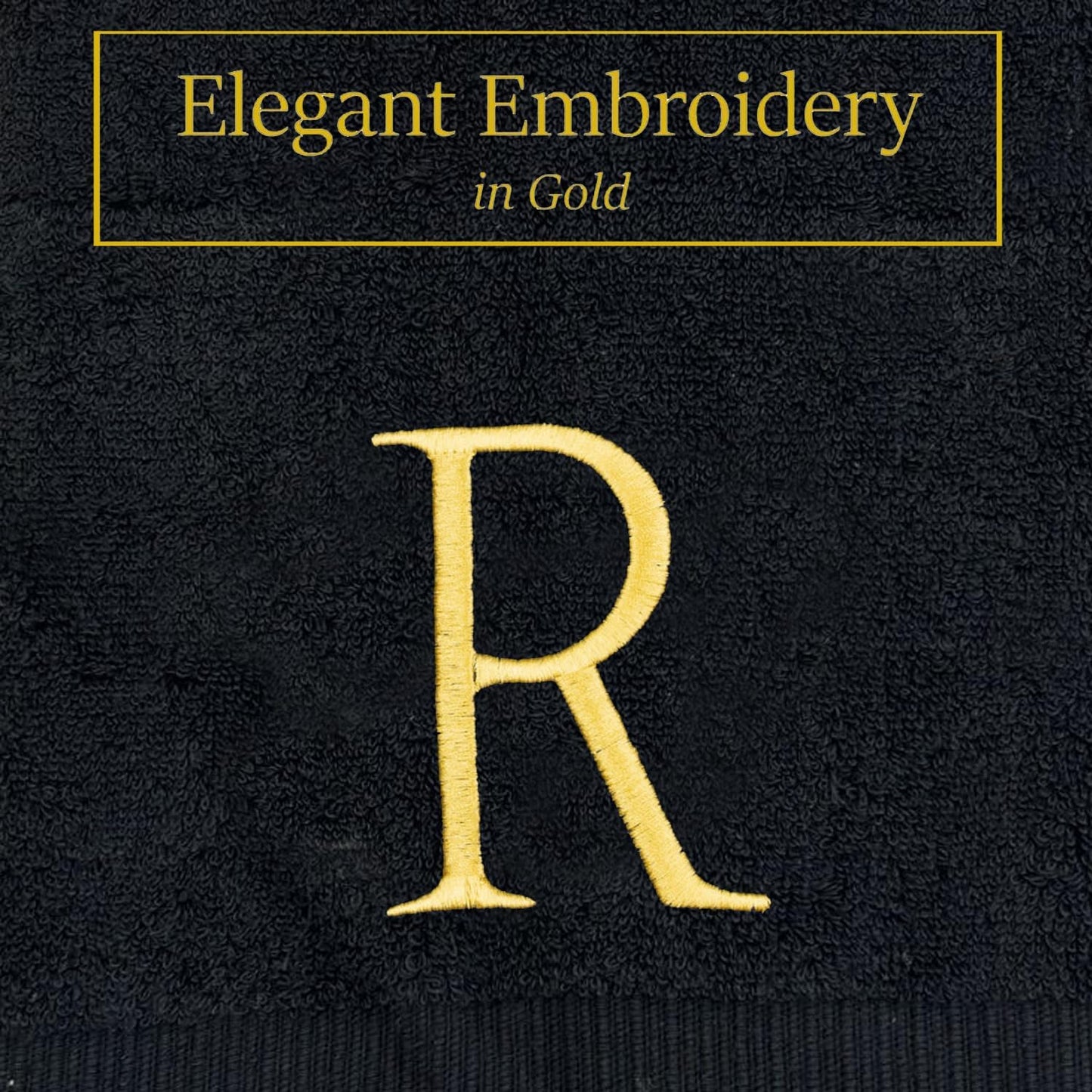 Gold and Black Monogrammed Hand Towel - Monogram Initial Hotel Quality Decorative Embroidered Luxury Towel for Powder Room, Spa - GOTS Organic Certified - Pack of 2, Letter R