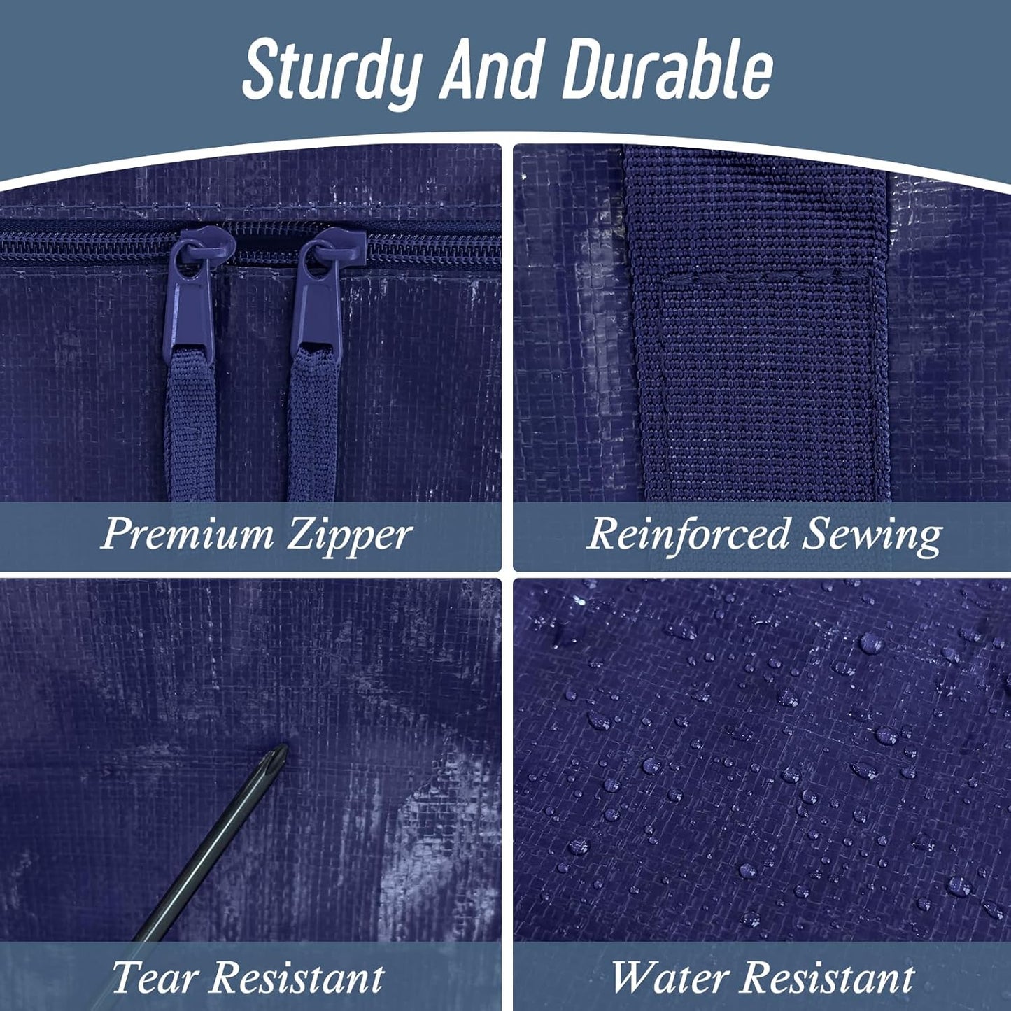 6 Pack Extra Heavy Duty Large Moving Bags with Strong Zipper & Comfortable Handles, Sturdy & Durable Clothes Storage Bags Totes Bins, Blue Packing Moving Boxes for College Supplies, Dark Blue