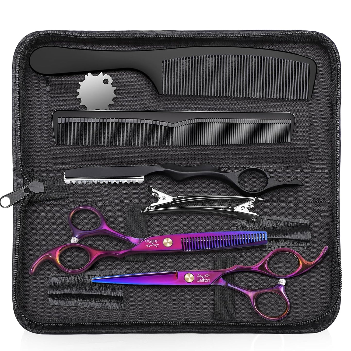 JASON Hair Scissors Professional - 10 PCS Haircut Scissors Set, Thinning Shears for Hair Cutting with 30 Teeth, Straight Shears for Men Women Home Salon Barber (6.7", Purple)