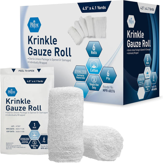 MED PRIDE Sterile Krinkle Gauze [6 Rolls]- 4.5'' x 4.1 Yards Rolls - Cotton Wound Dressing Sterile Wraps – 6-Ply Highly Absorbent First Aid Gauzes - Medical Individually Wrapped Mesh Bandage Gauzes