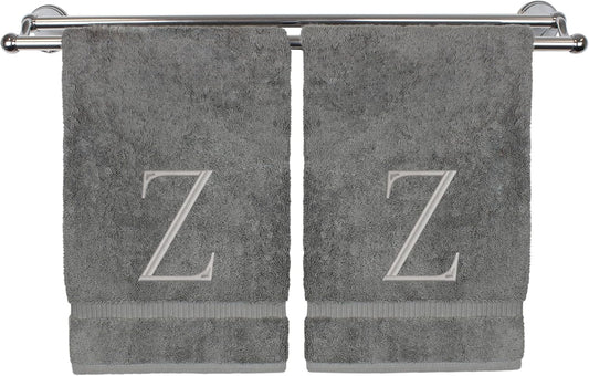 Monogrammed Hand Towel, Personalized Initial Gift, Extra Absorbent 100% Turkish Cotton - Soft Terry Finish - Set of 2 - Silver Block Initial Z - Embroidered on Grey Towels