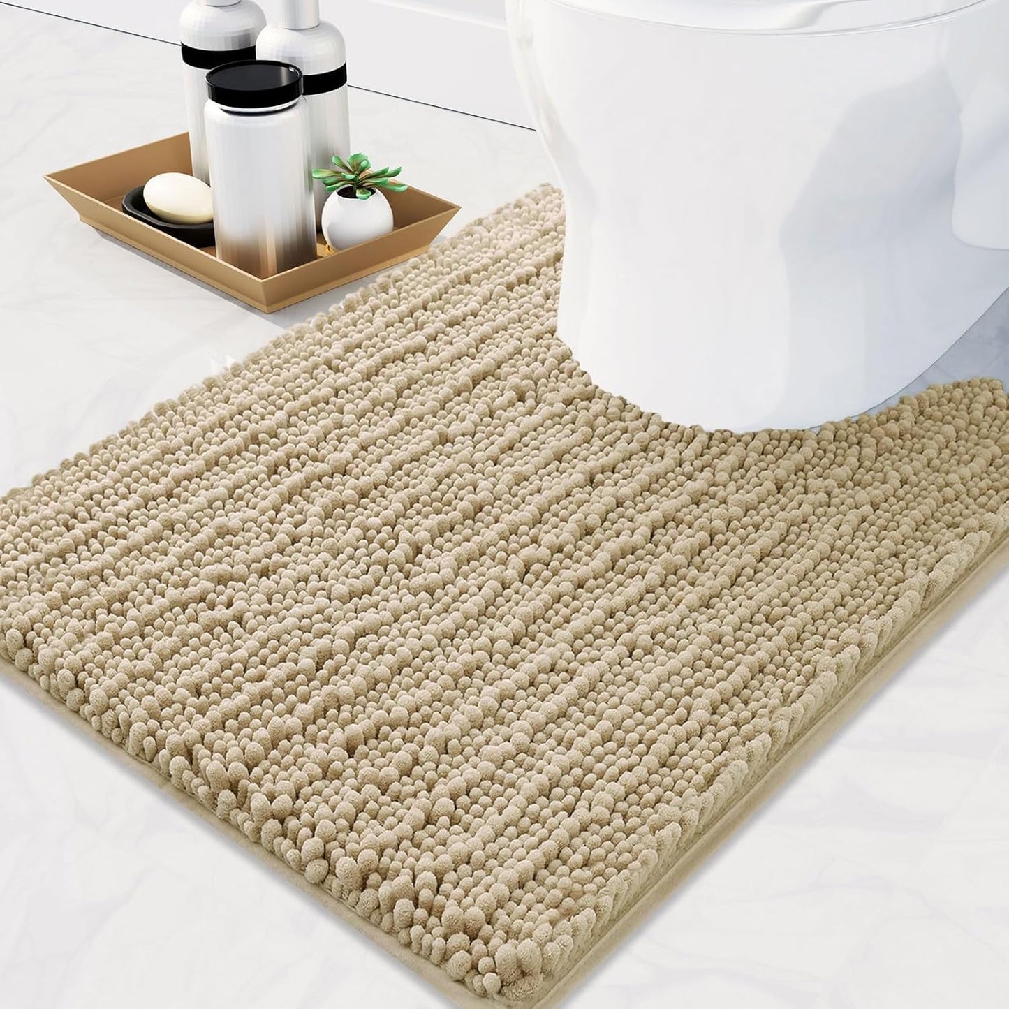 Arotive Luxury Chenille Toilet Rugs U-Shaped, Extra Soft Thick Absorbent Bathroom Mat, Non-Slip Shaggy Plush Contour Rugs, Machine Wash Dry Bath Mat for Toilet Base, 24x20, Beige